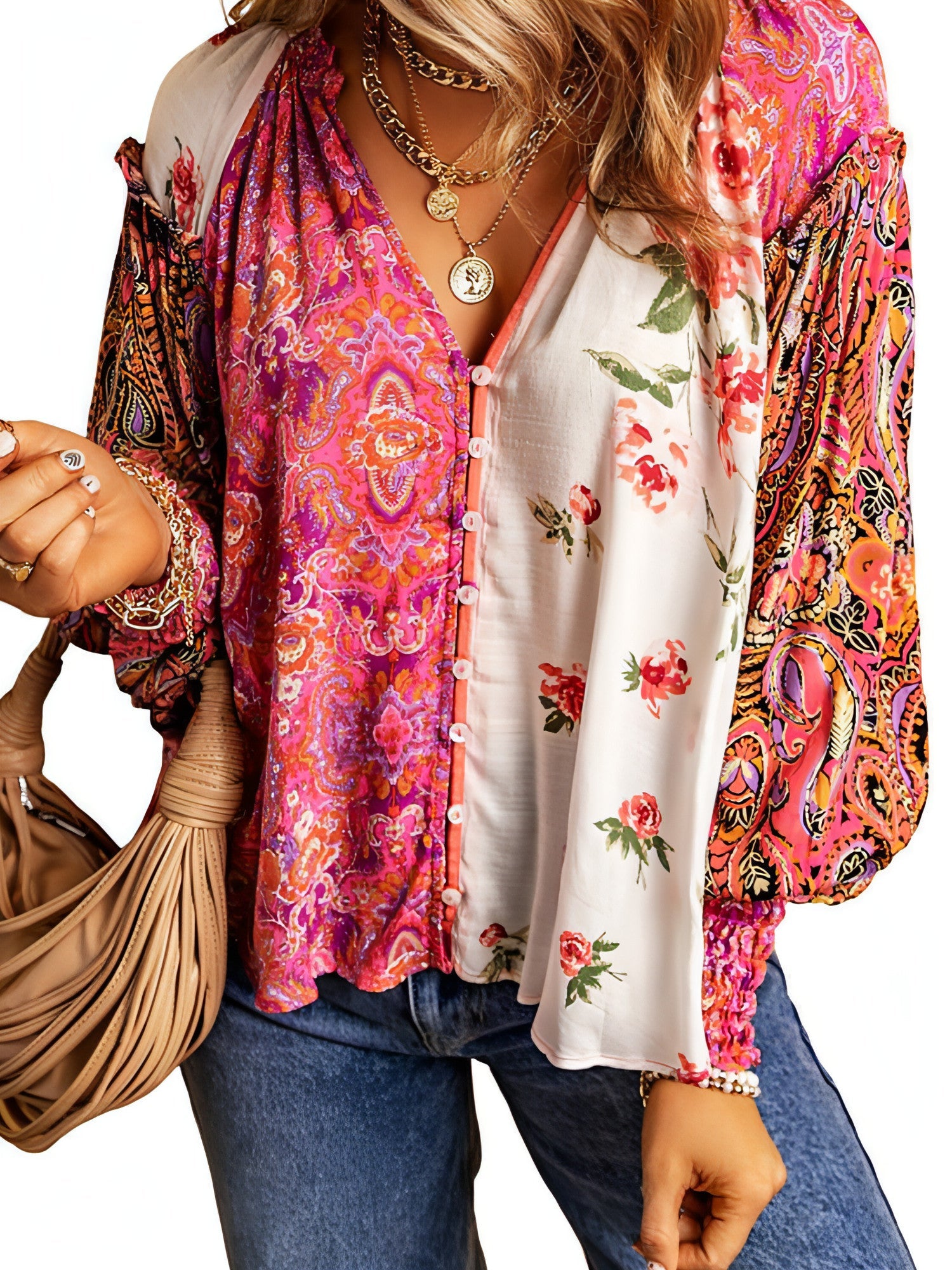 Floral print dress shirt for women by Carmine Juneberry, featuring a stylish design in a tops and blouses category.