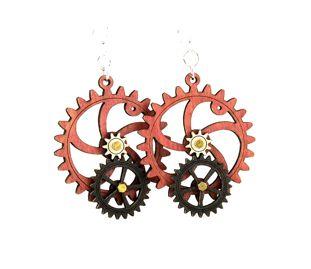Red Sunflower Kinetic Gear Earrings 5001F, modern silver-toned jewelry with gear-inspired design, hanging from earlobes.