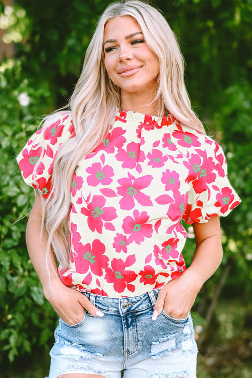 Beige floral puff sleeve blouse with frilled neckline by Carmine Juneberry, featuring a stylish and feminine design.