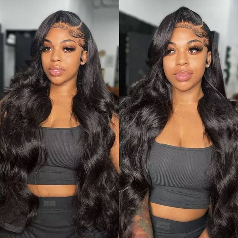 Natural color 4x6 lace closure wig with body wave human hair by Pear Daisy, showcasing the detailed lace and wave texture.