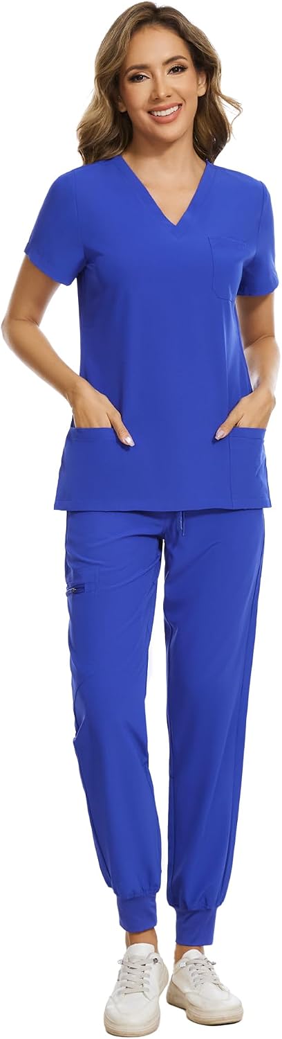 COZYFIT Scrubs for Women – Stretch V-Neck & Jogger Pant Set with 9 Pockets