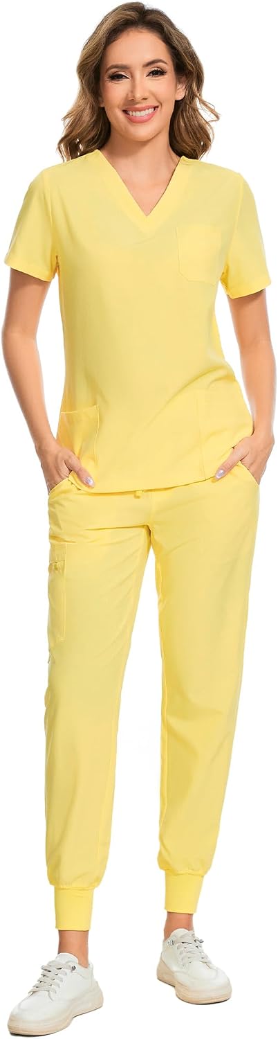 COZYFIT Scrubs for Women – Stretch V-Neck & Jogger Pant Set with 9 Pockets