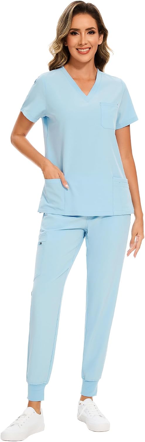 COZYFIT Scrubs for Women – Stretch V-Neck & Jogger Pant Set with 9 Pockets