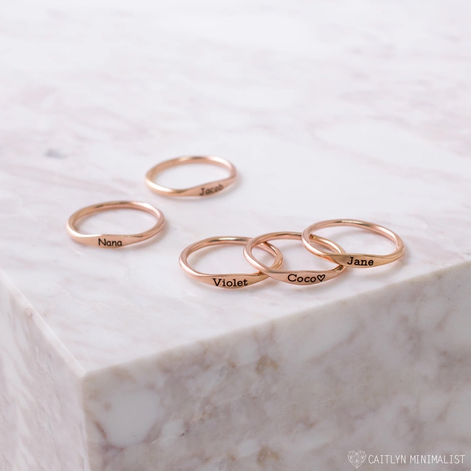 Pink Lucky tiny name ring, minimalist delicate jewelry with engraved name, thin band for elegant everyday wear.