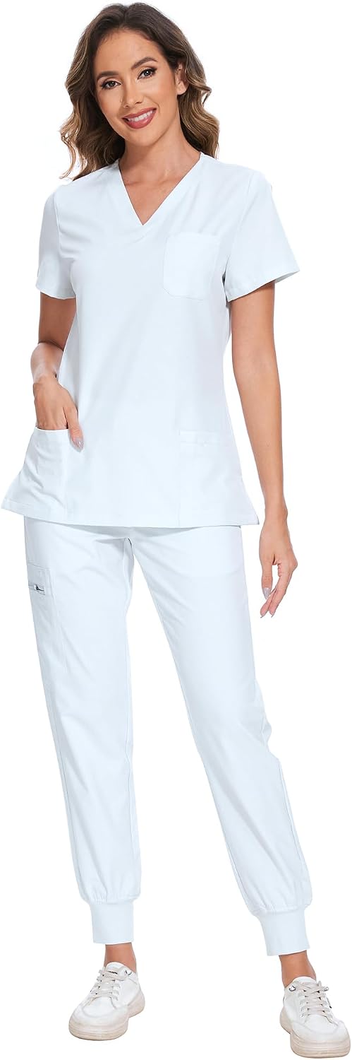 COZYFIT Scrubs for Women – Stretch V-Neck & Jogger Pant Set with 9 Pockets