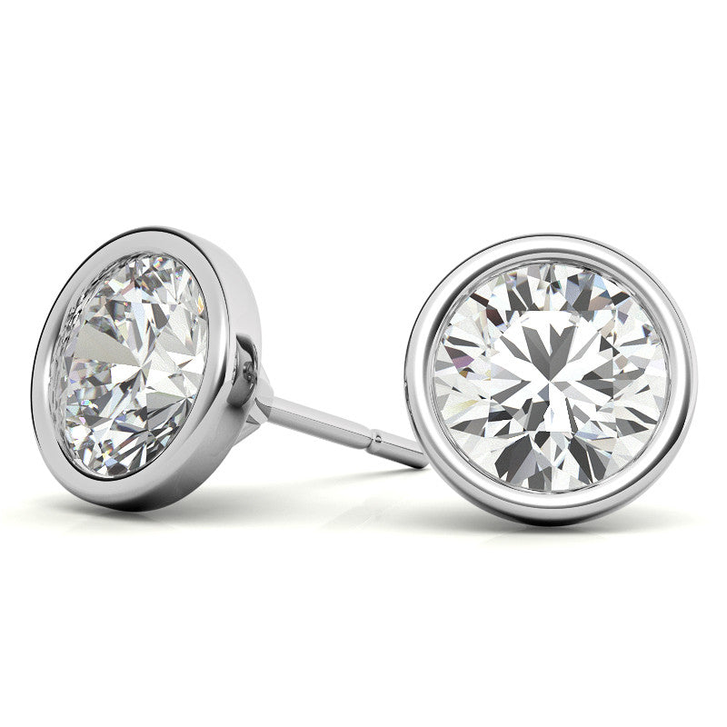 Round lab-grown diamond stud earrings in bezel setting, 14K white or yellow gold, 2.00 or 3.00 carat total weight.