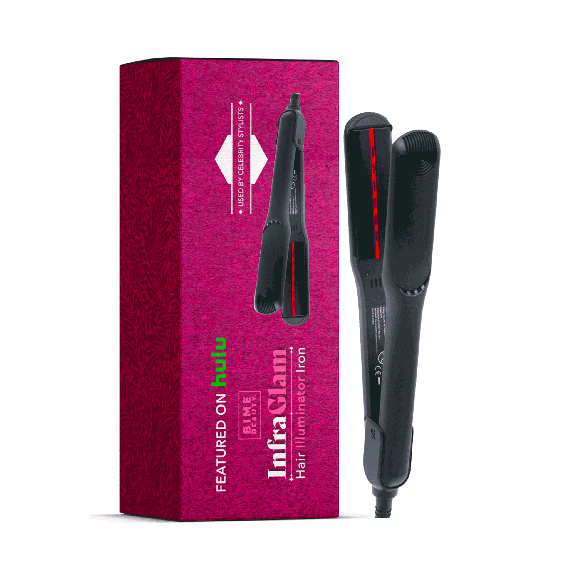 InfraGlam Hair Illuminator Iron by BimeBeauty, a sleek beauty hair tool with glowing LED lights for shine and styling.