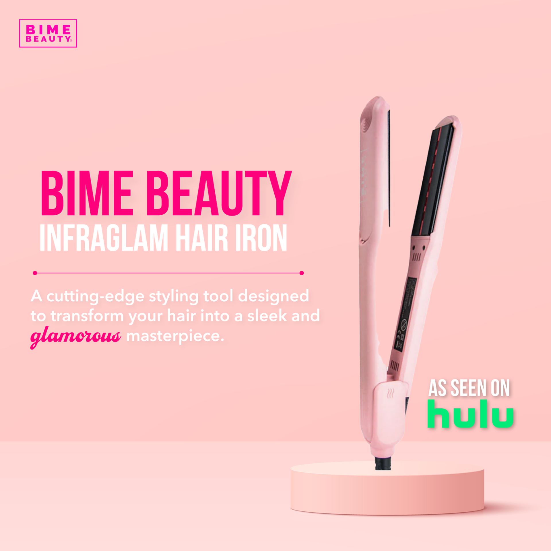 InfraGlam Hair Illuminator Iron by BimeBeauty, a sleek beauty tool with a glossy finish and textured grip for hair styling.
