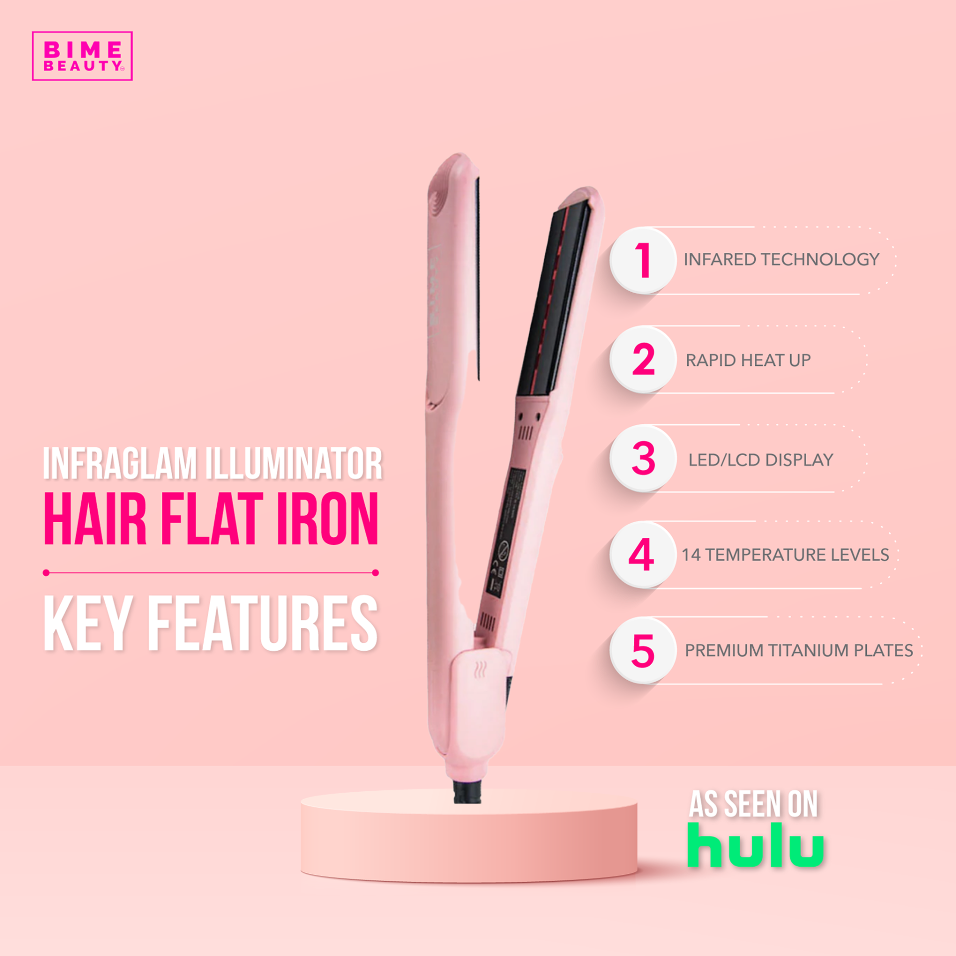 InfraGlam Hair Illuminator Iron by BimeBeauty, a sleek beauty tool with a ceramic heating plate for radiant hair styling.