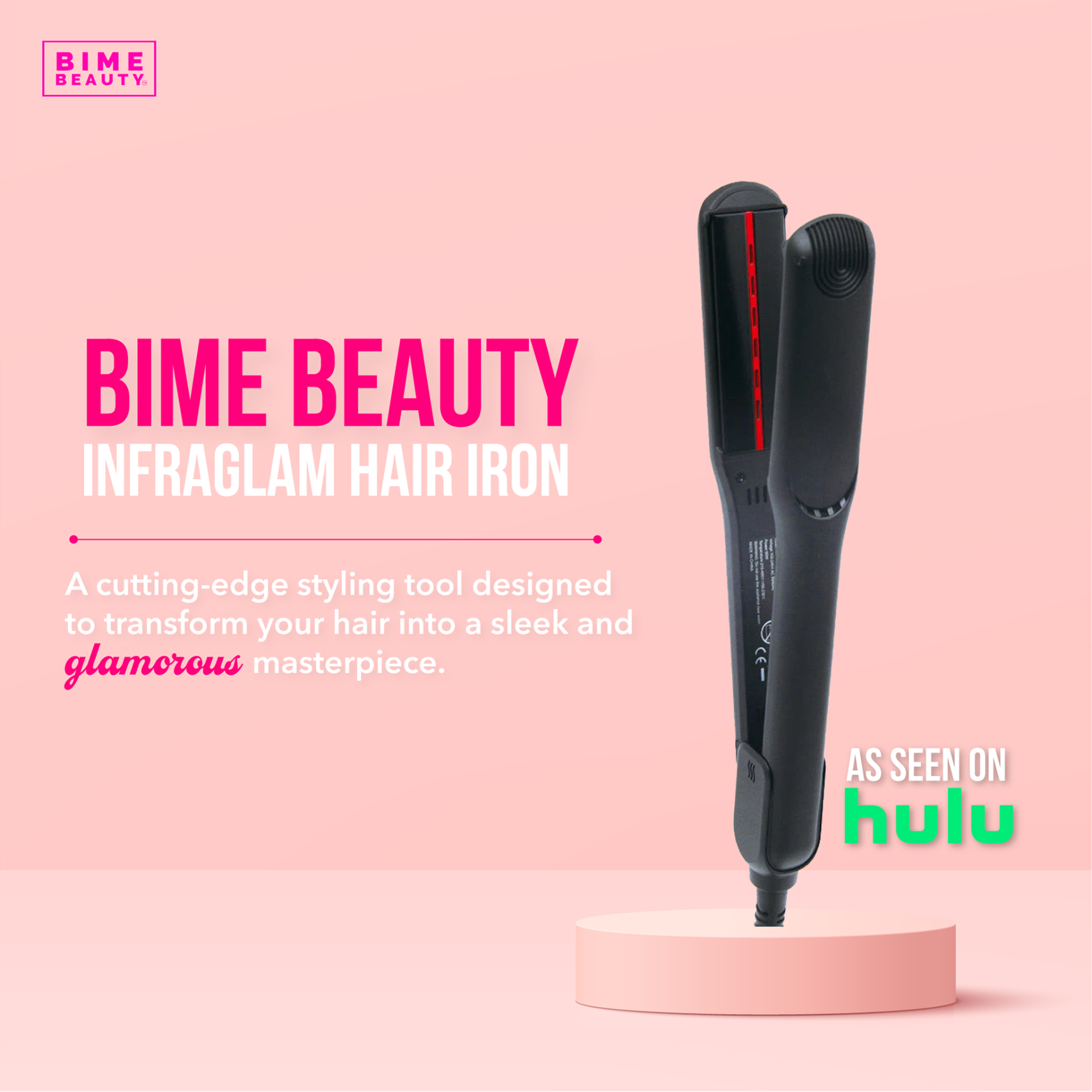 InfraGlam Hair Illuminator Iron by BimeBeauty, a sleek beauty tool with ceramic plates for shiny, smooth hair styling.