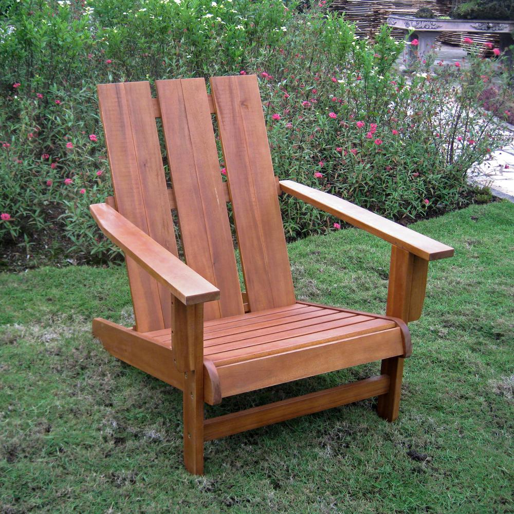 Large Acacia Adirondack Chair by Start2Finish, square back style with wide armrests and weather-resistant finish in natural wood.