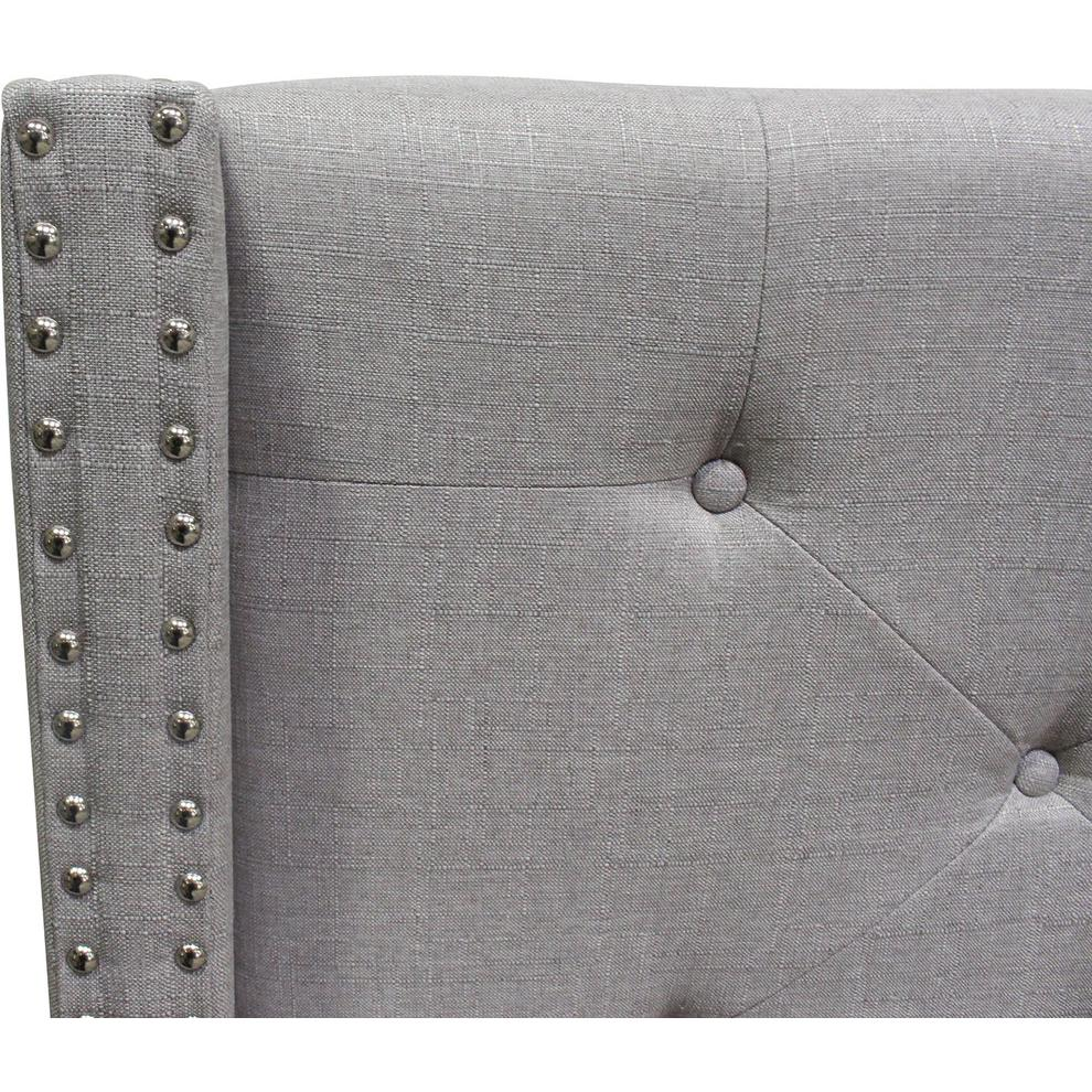 Gray upholstered wingback East King platform bed with fabric, featuring a modern design and sturdy wooden frame by Start2Finish.