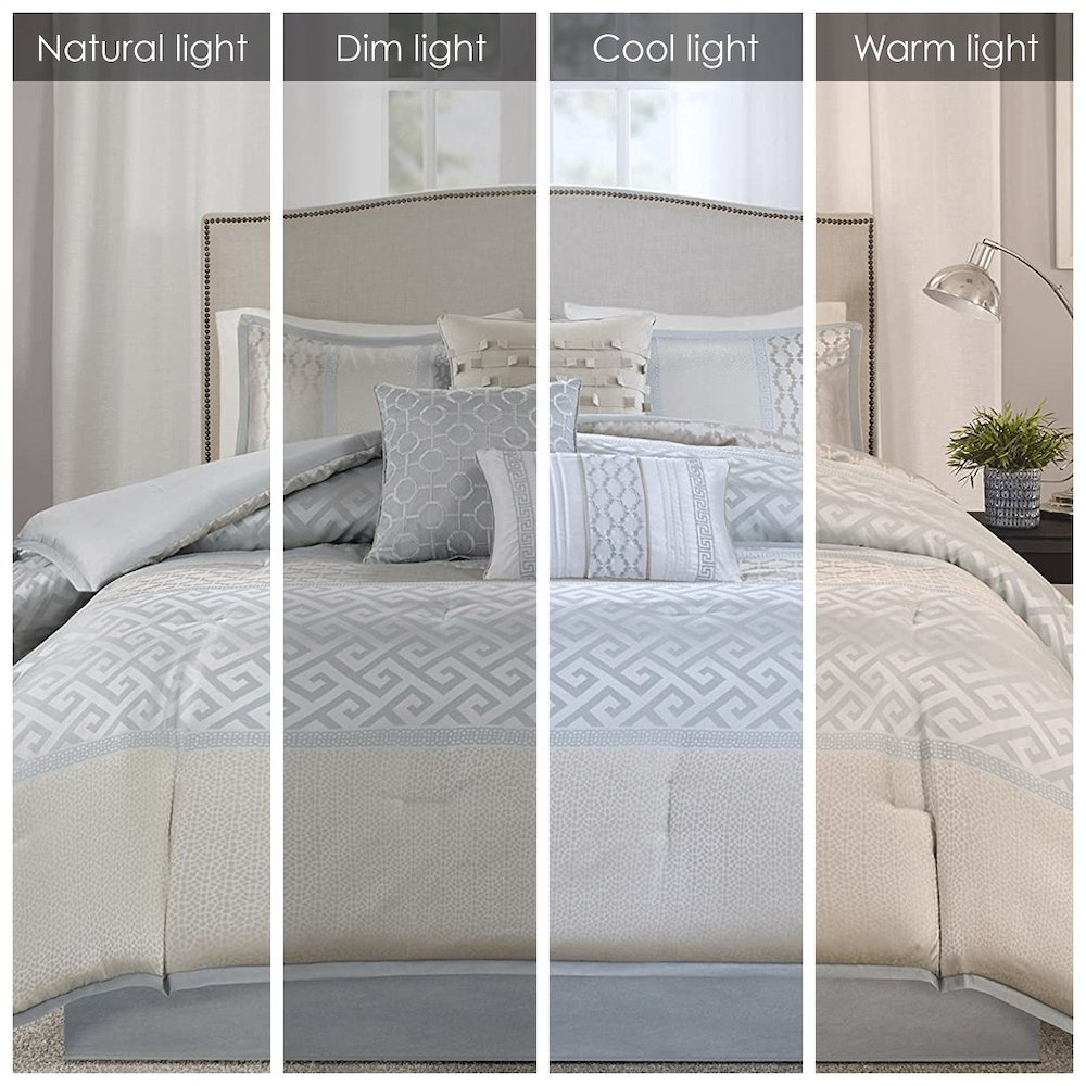 Start2Finish 7-piece comforter set with matching pillow shams and decorative pillows on a neatly made bed.