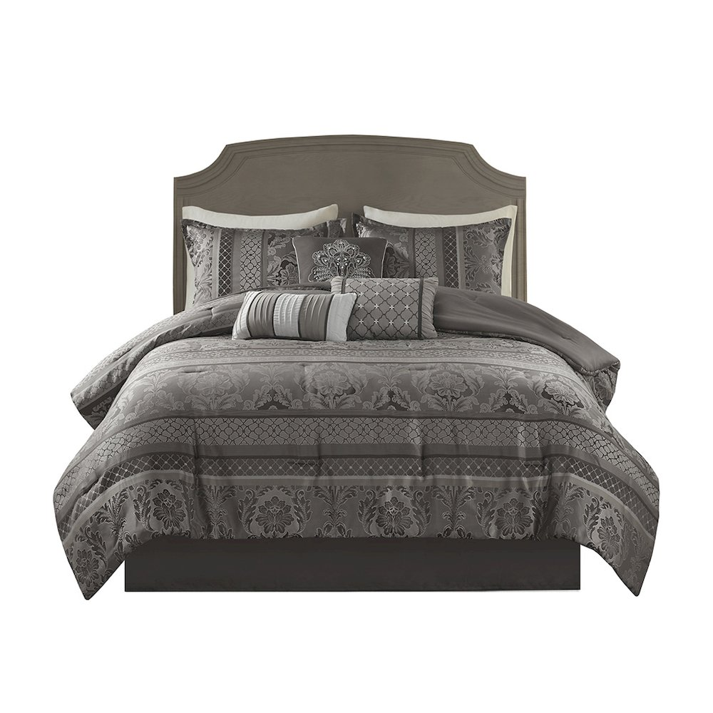 Start2Finish 7-piece jacquard comforter set with matching pillow shams and decorative pillows on a bed with a stylish design.
