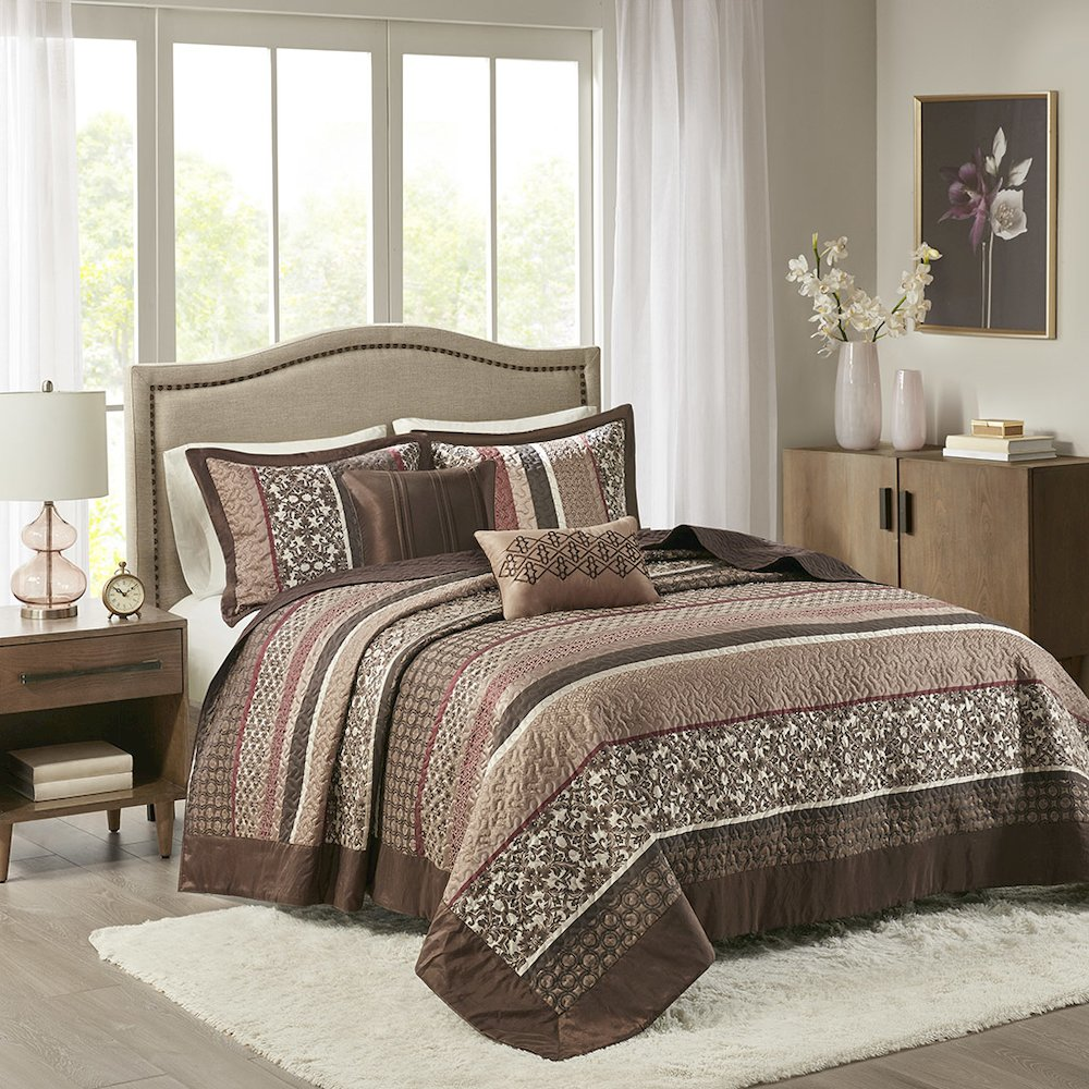 Start2Finish 5-piece reversible jacquard bedspread set with intricate woven patterns in neutral tones, displayed on a neatly made bed.