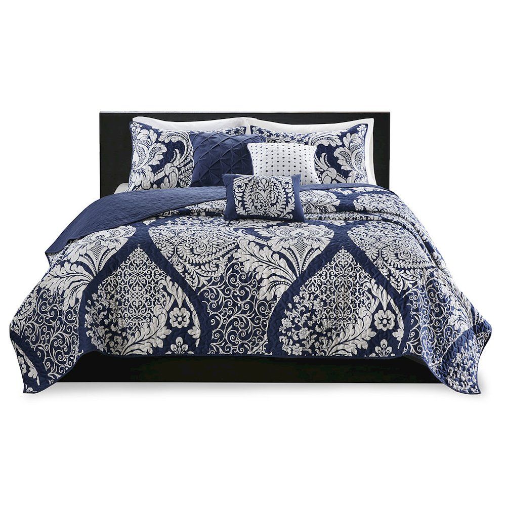 Start2Finish 6-piece printed cotton quilt bedding set with matching throw pillows, featuring colorful floral patterns.
