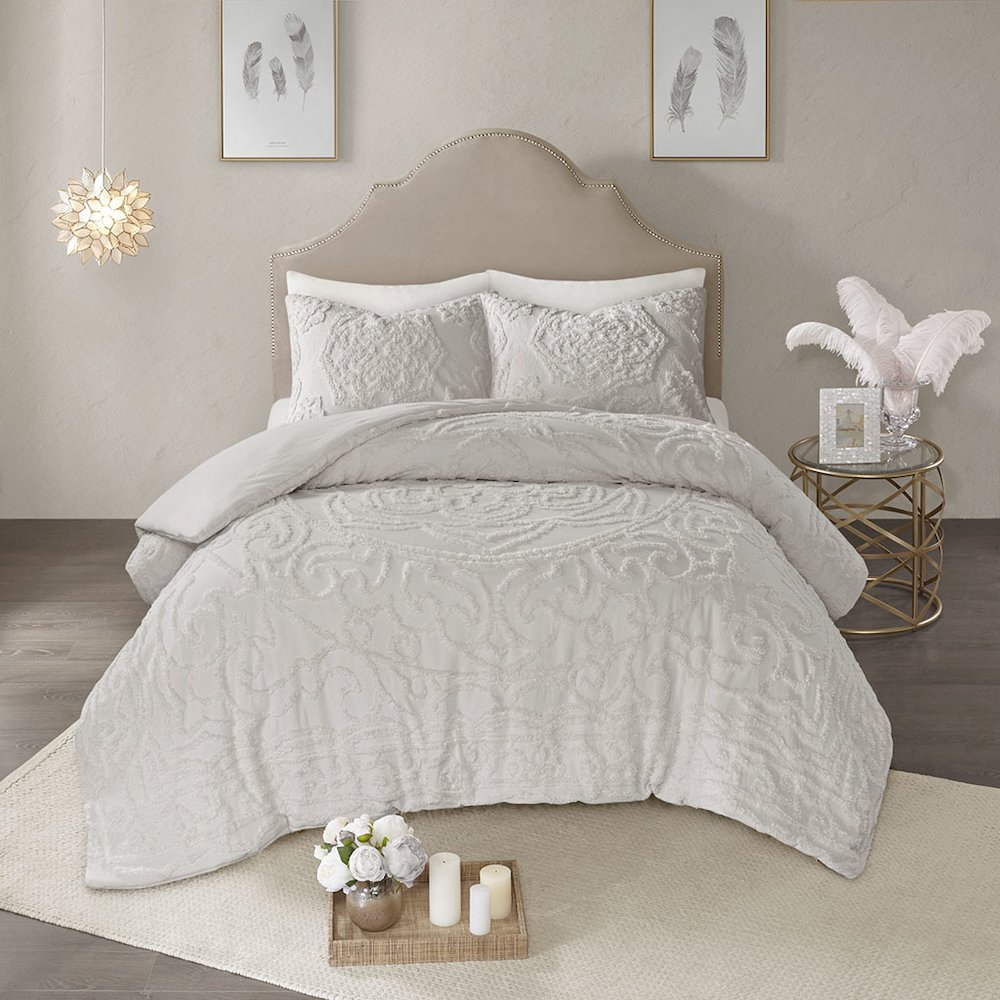 Start2Finish 3-piece tufted cotton chenille medallion duvet cover bedding set with elegant pattern and soft textured fabric.