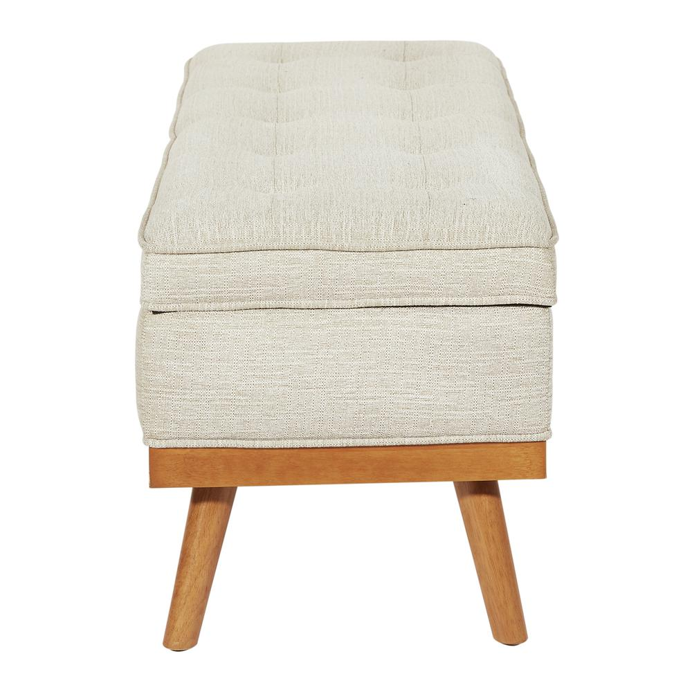 Katheryn storage bench by Start2Finish with linen fabric and light espresso wood legs, featuring a cushioned top and built-in storage.