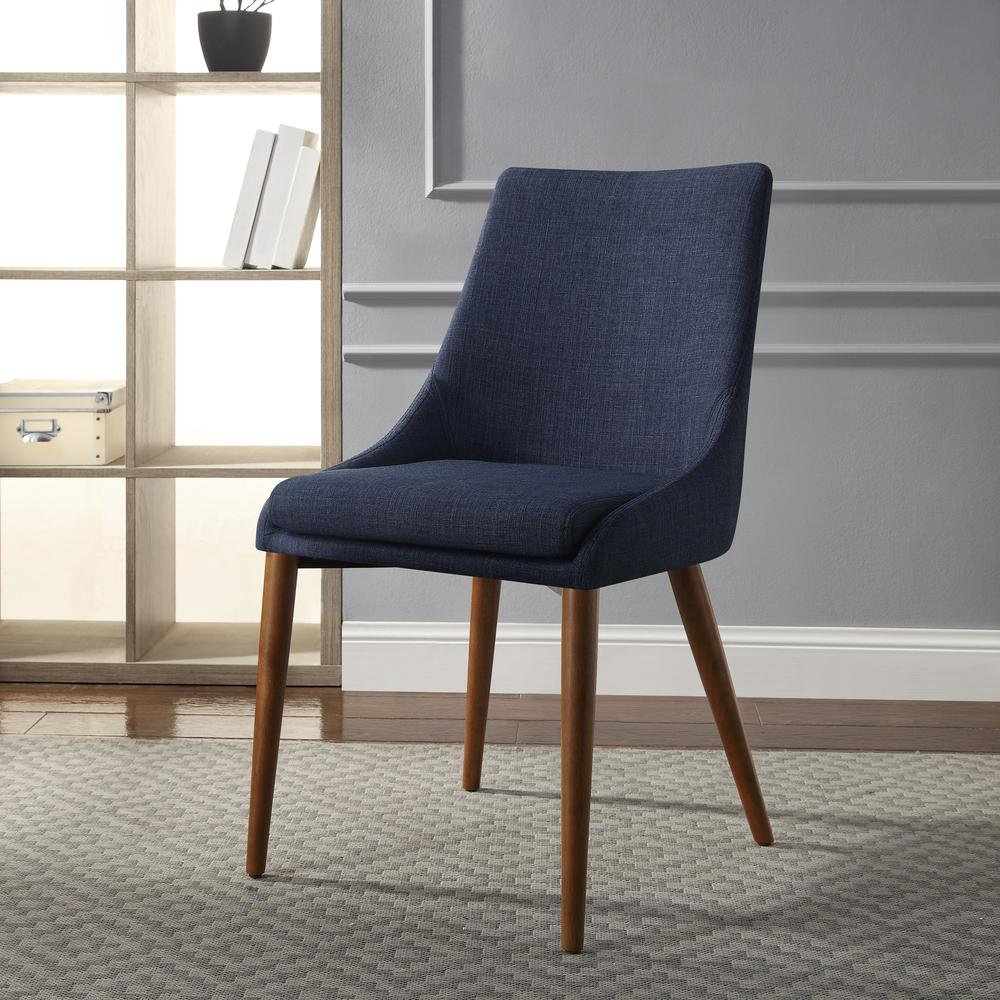 Pair of Palmer Mid-Century Modern fabric dining accent chairs in navy, designed by Start2Finish, with wooden legs and sleek upholstery.