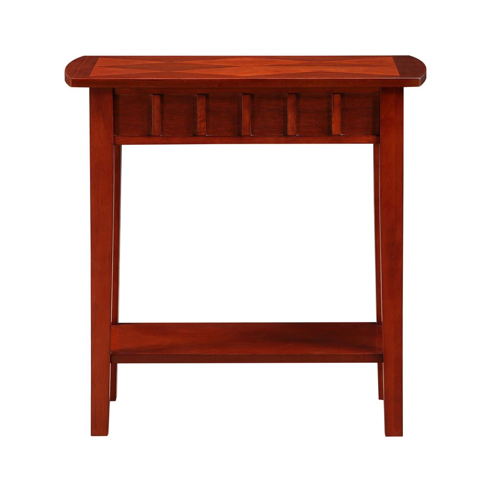 Dennis End Table with Shelf from Start2Finish, Mahogany finish, showing a compact wooden side table with a lower shelf for storage.