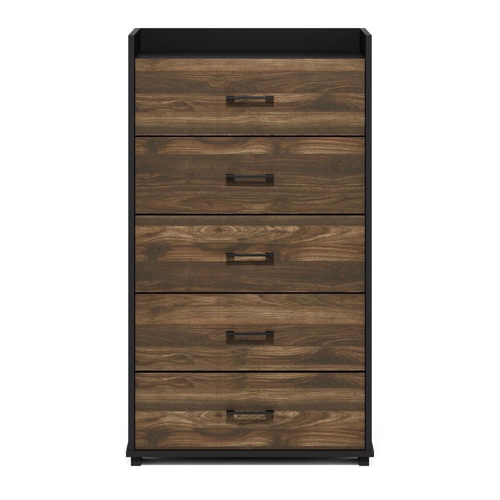 Start2Finish Furinno Tidur bedroom 5-drawer chest dresser in Columbia Walnut and black, featuring modern organization and storage handles.