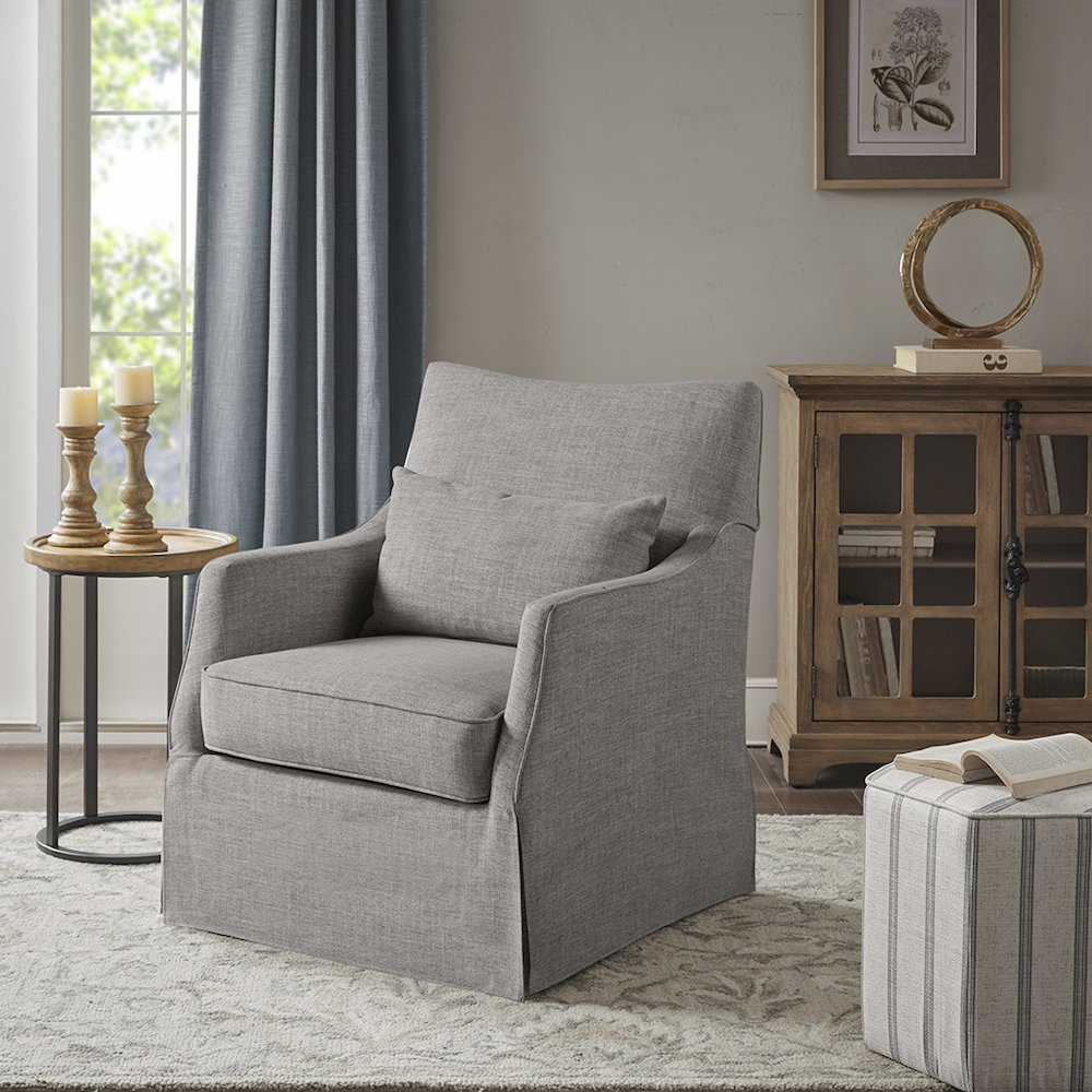 Start2Finish skirted swivel chair with cushioned seat, fabric upholstery, and wooden base, perfect for modern living spaces.