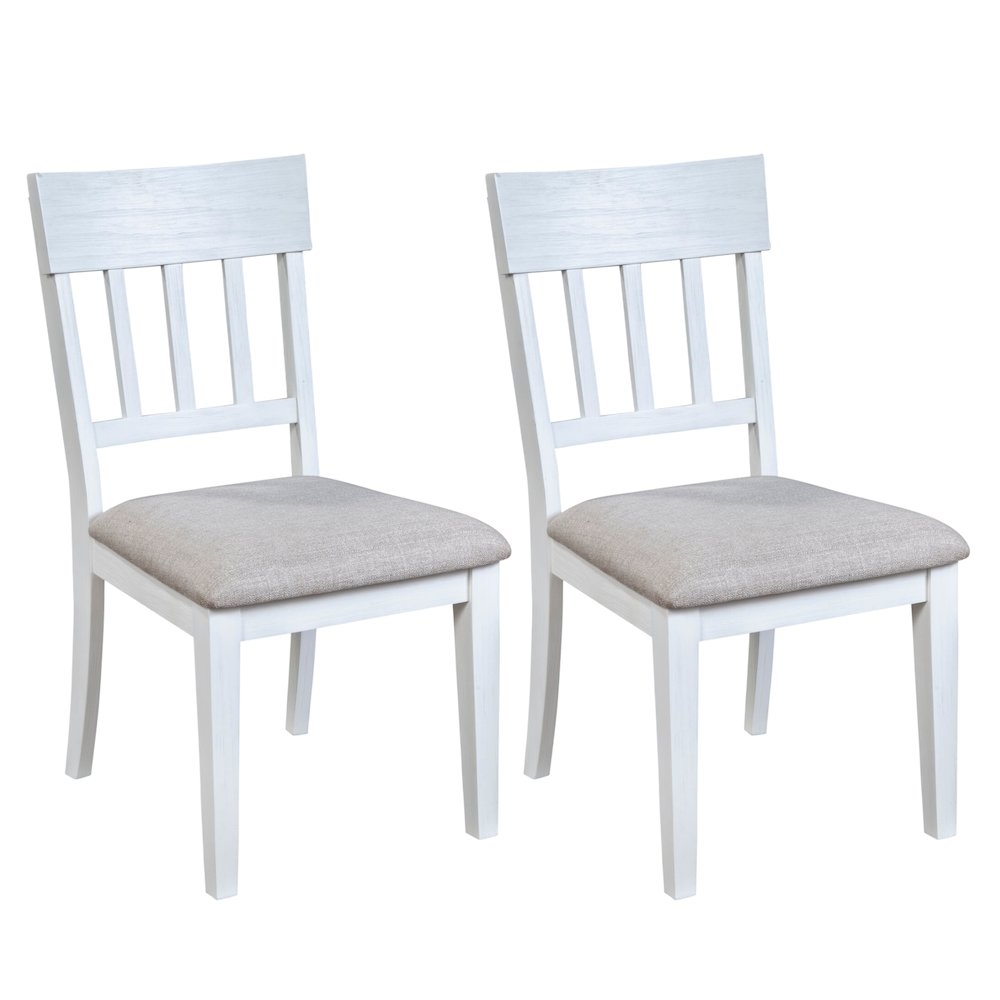 Pair of white Donham side chairs from Start2Finish, featuring a sleek, modern furniture design with wooden legs and comfortable seats.