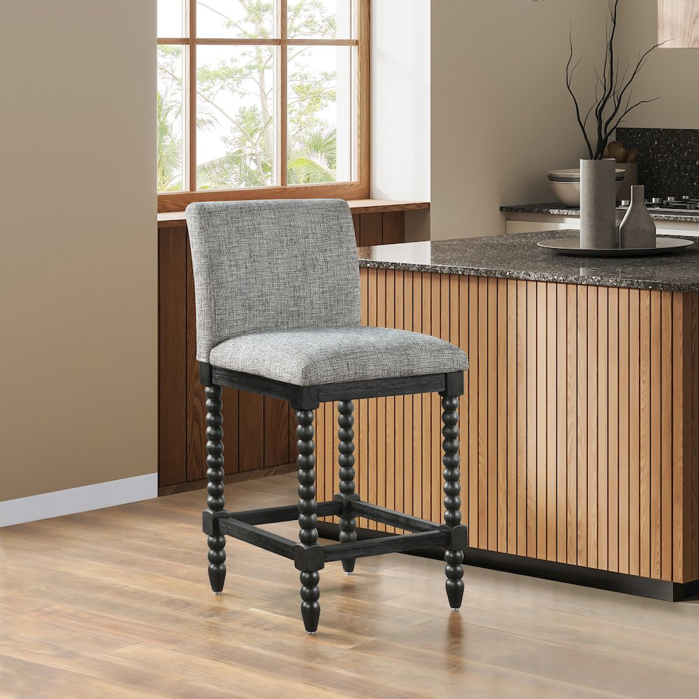 Start2Finish ELIZA 26-inch spindle counter stool with wooden legs and round seat, suitable for kitchen or bar area.