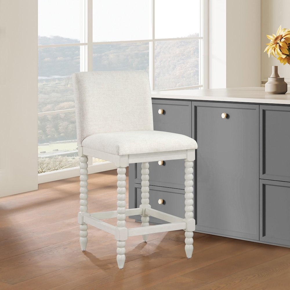 Kaylee 26-inch spindle counter stool by Start2Finish featuring wooden legs and a woven seat for kitchen or bar area.