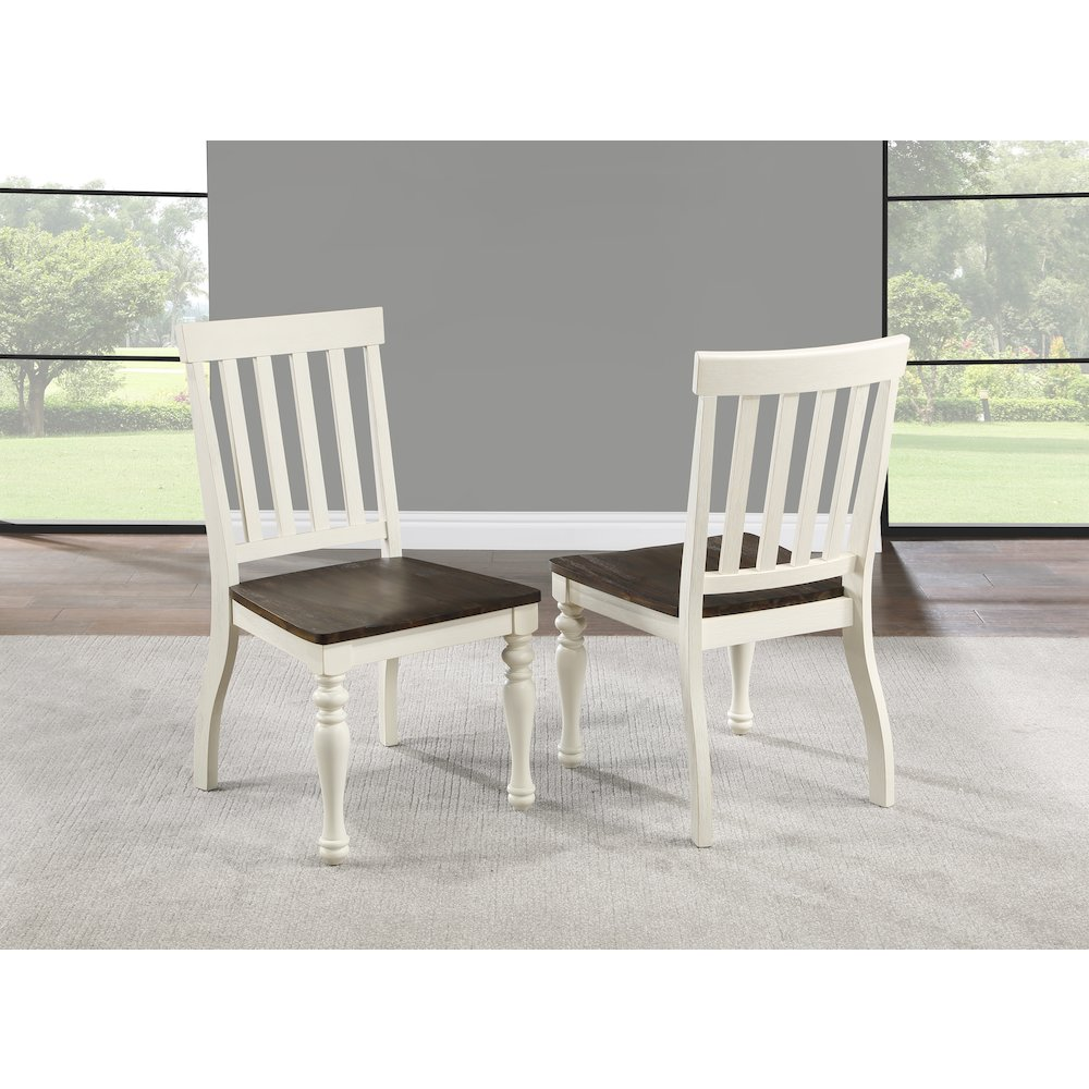 Pair of Joanna Side Chairs by Start2Finish, set of two, with wooden legs and upholstered beige fabric seats.