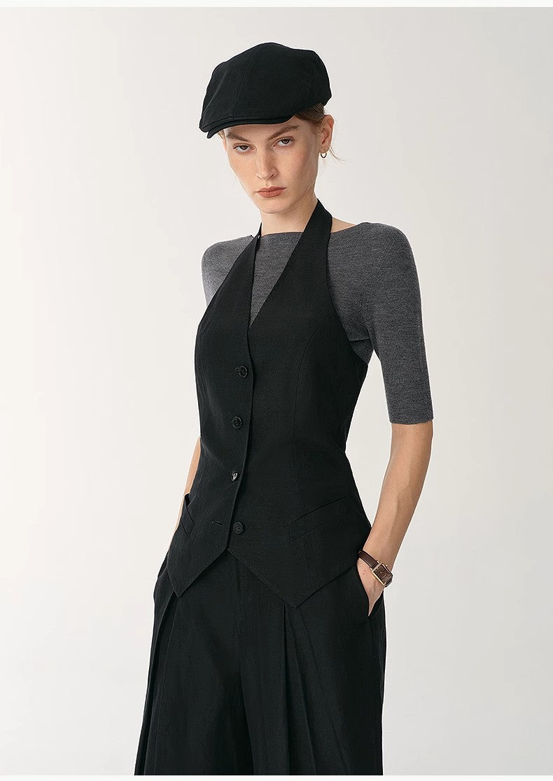 Brown Coeus silk linen halterneck sleeveless jacket in classic old money style, featuring a cool, sophisticated design.