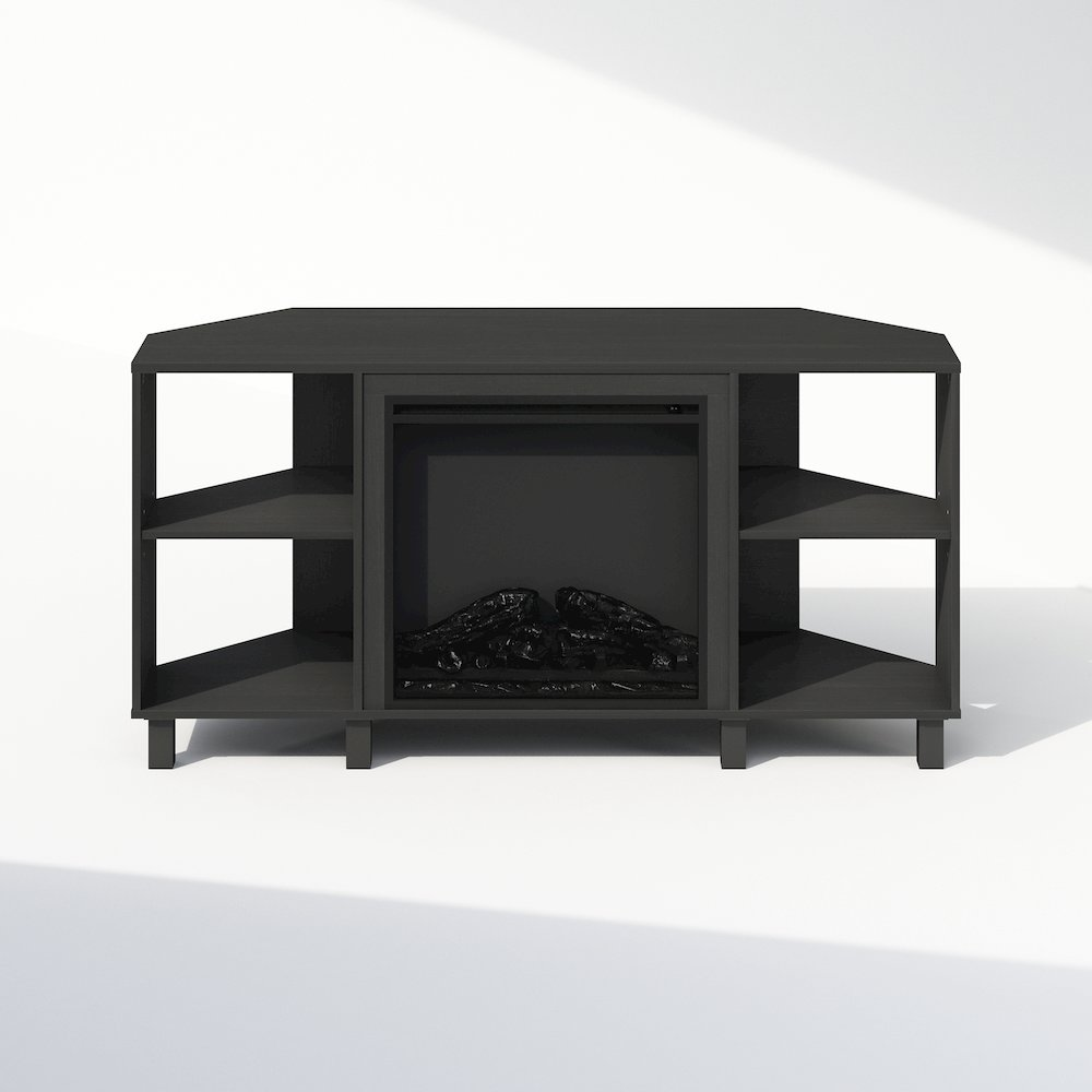 Start2Finish electric fireplace corner TV stand with space for a 55-inch TV, featuring a modern entertainment center design and heating element.