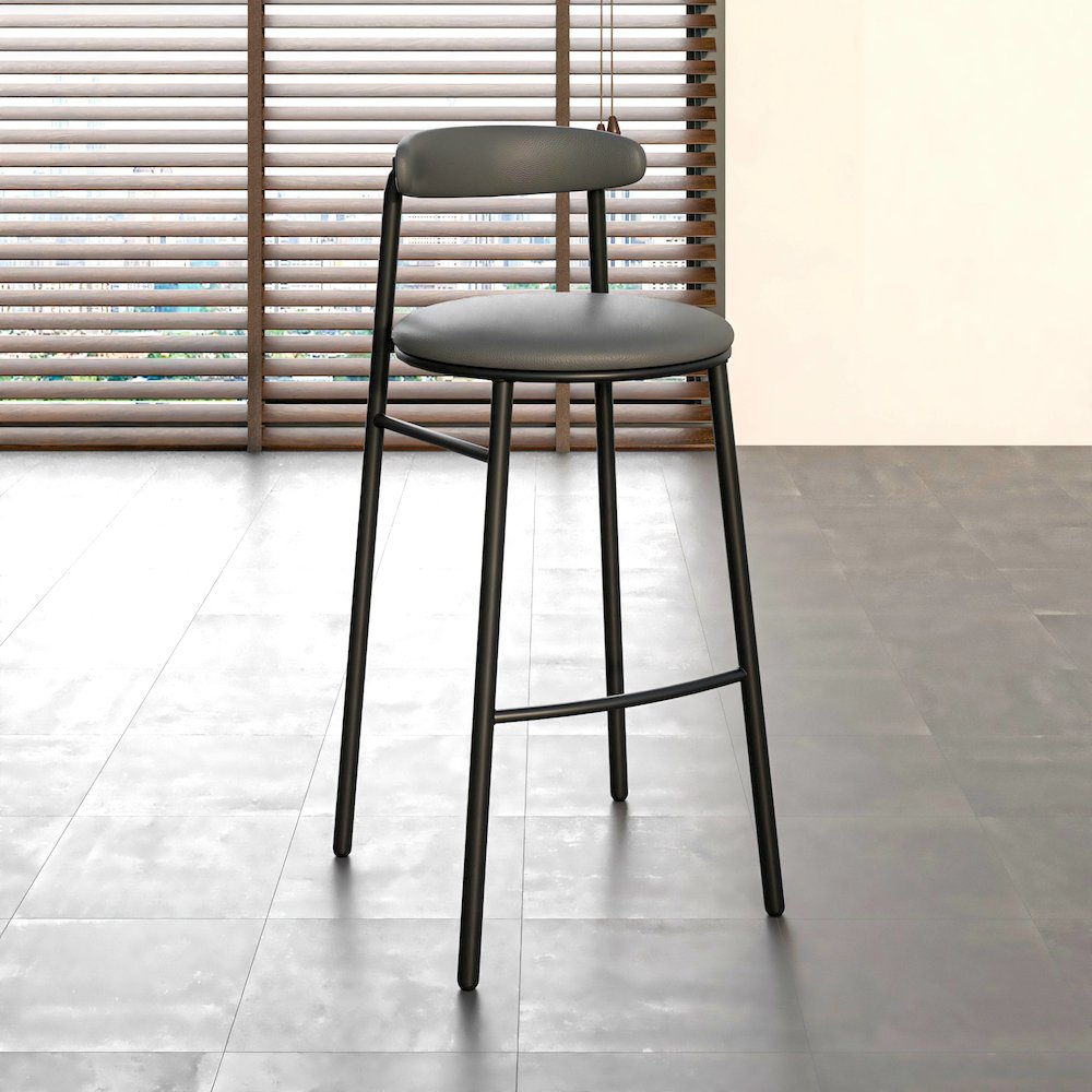 Set of two Lume Collection modern bar stools in charcoal with sleek design and metal legs, by Start2Finish.