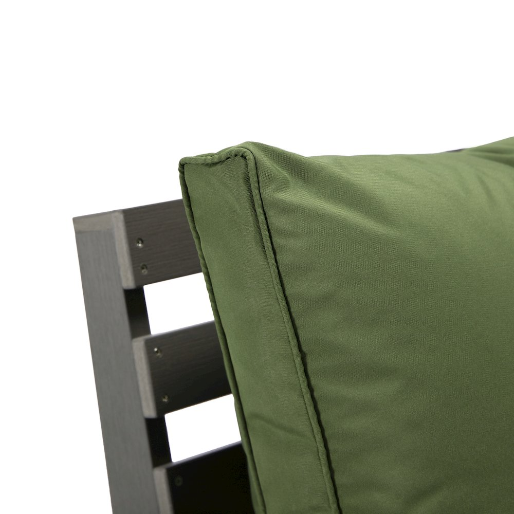 Alpine grey loveseat by Start2Finish with dark green cushions, showcasing plush fabric and modern design.
