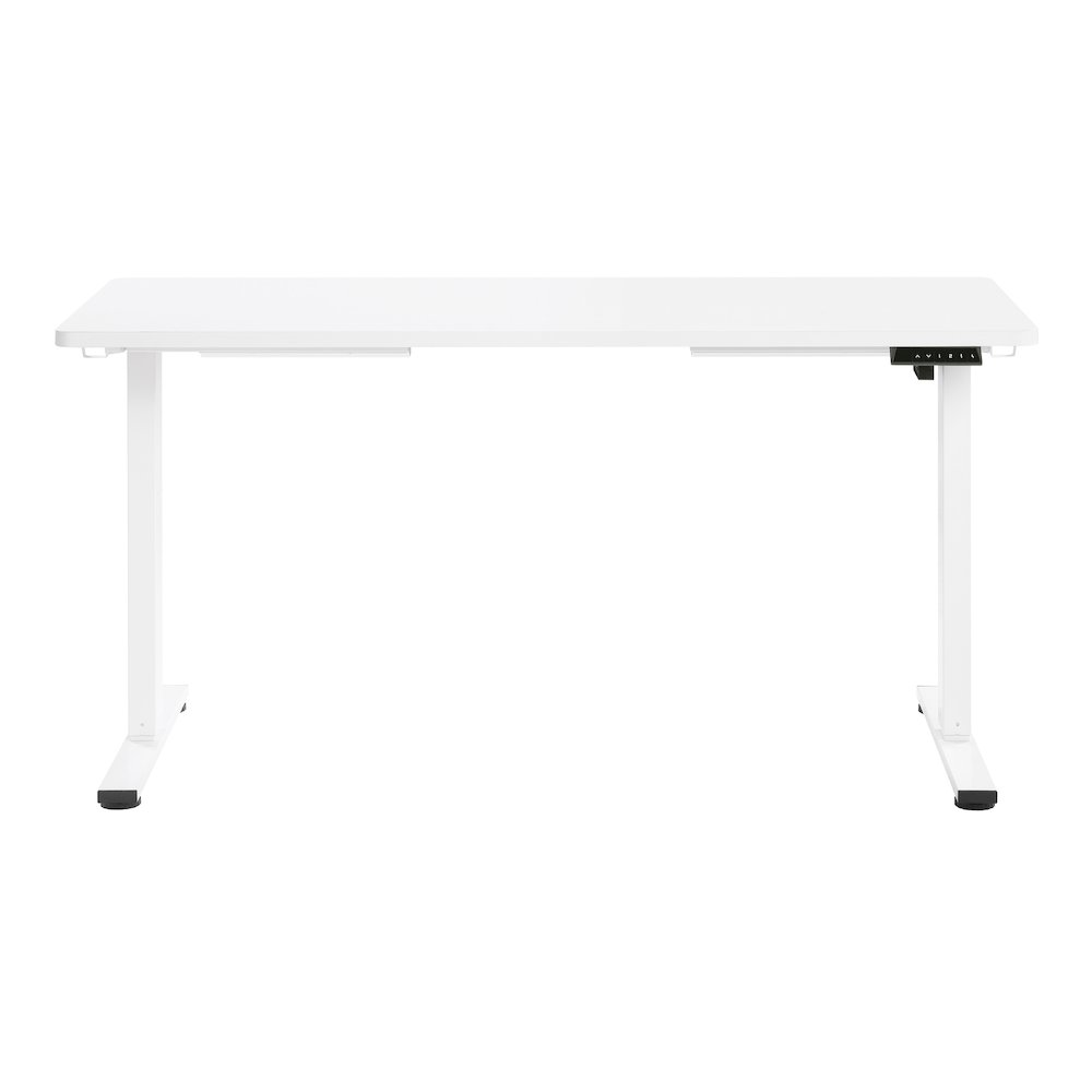 Start2Finish Primo 59-inch white sit-to-stand electric height adjustable desk with smooth surface and modern design.