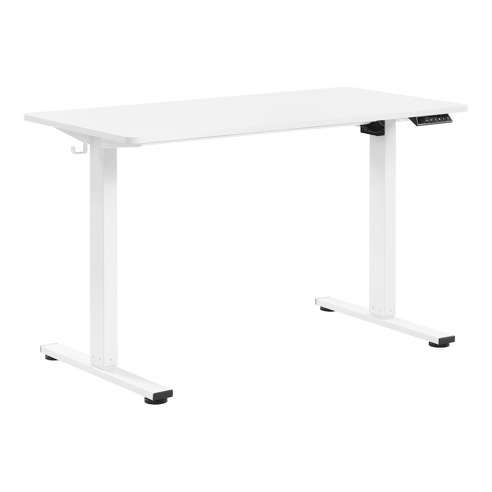 Start2Finish Primo 48-inch white sit-to-stand electric height adjustable desk with smooth lifting mechanism and modern finish.