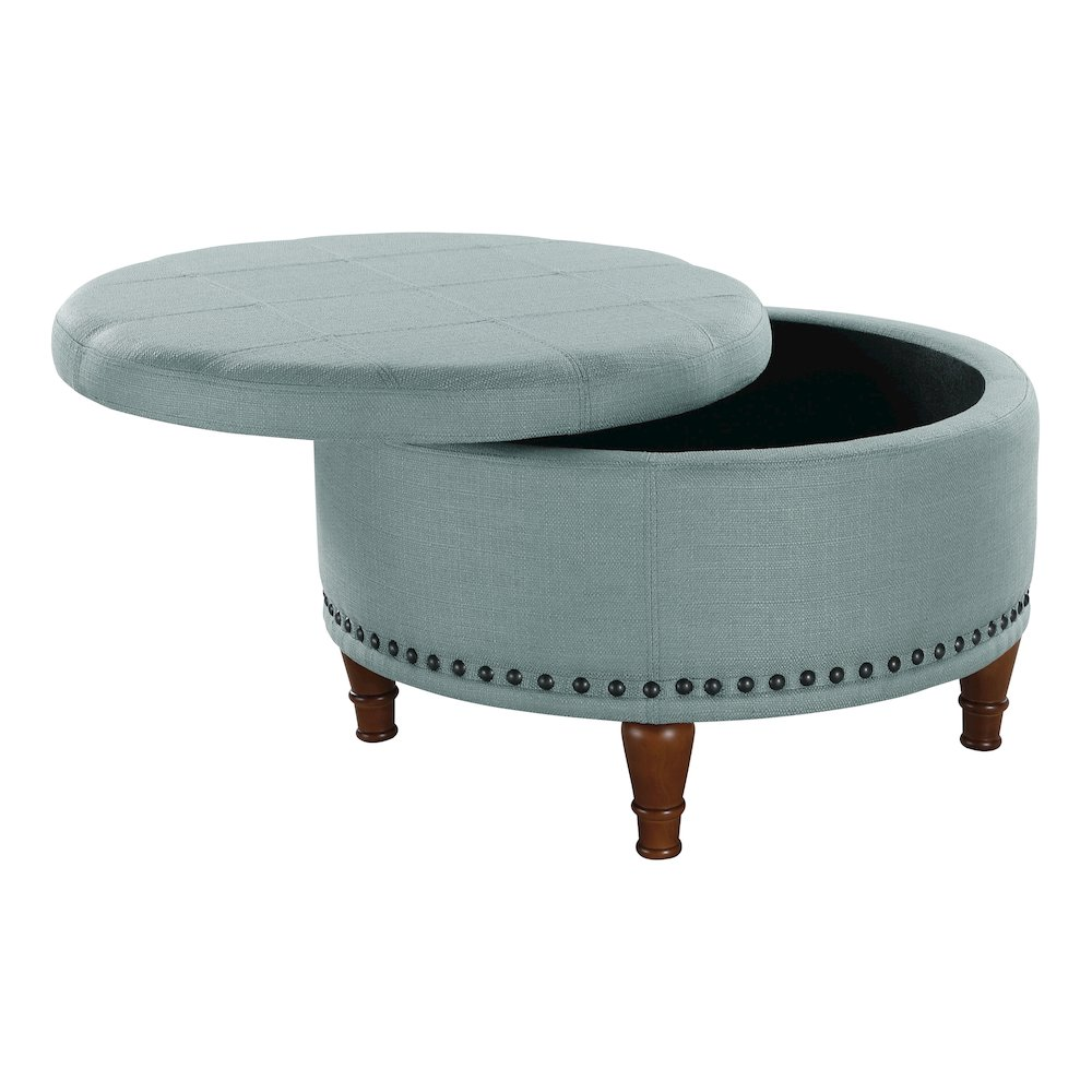 Start2Finish Alloway Storage Ottoman in Sea Blue fabric with antique bronze nailhead accents