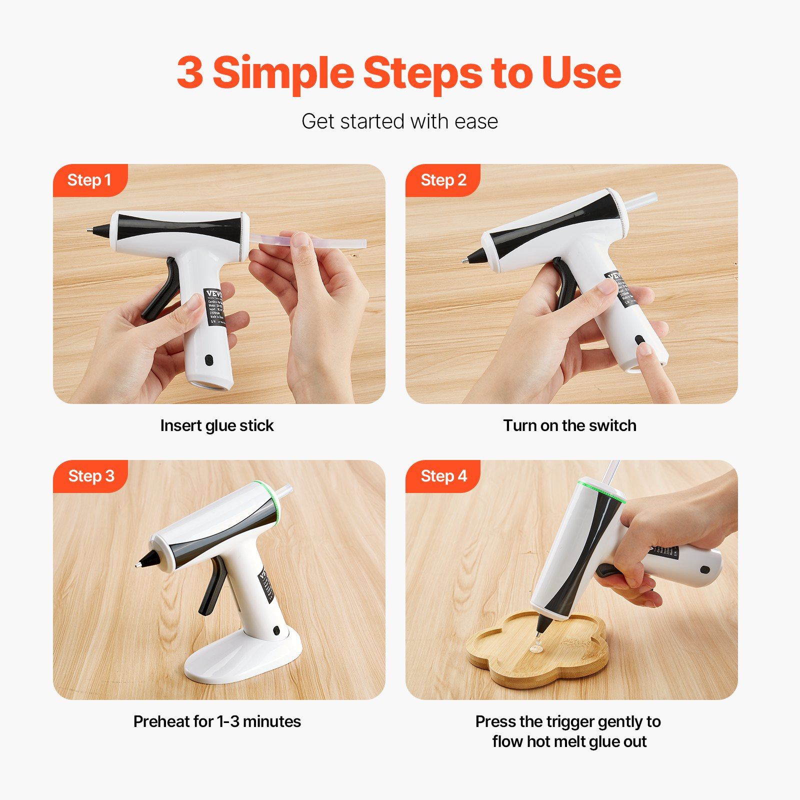 Start2Finish VEVOR cordless hot glue gun with 2200mAh battery, mini size, 20 glue sticks, fast preheat for crafts, DIY, and repairs.
