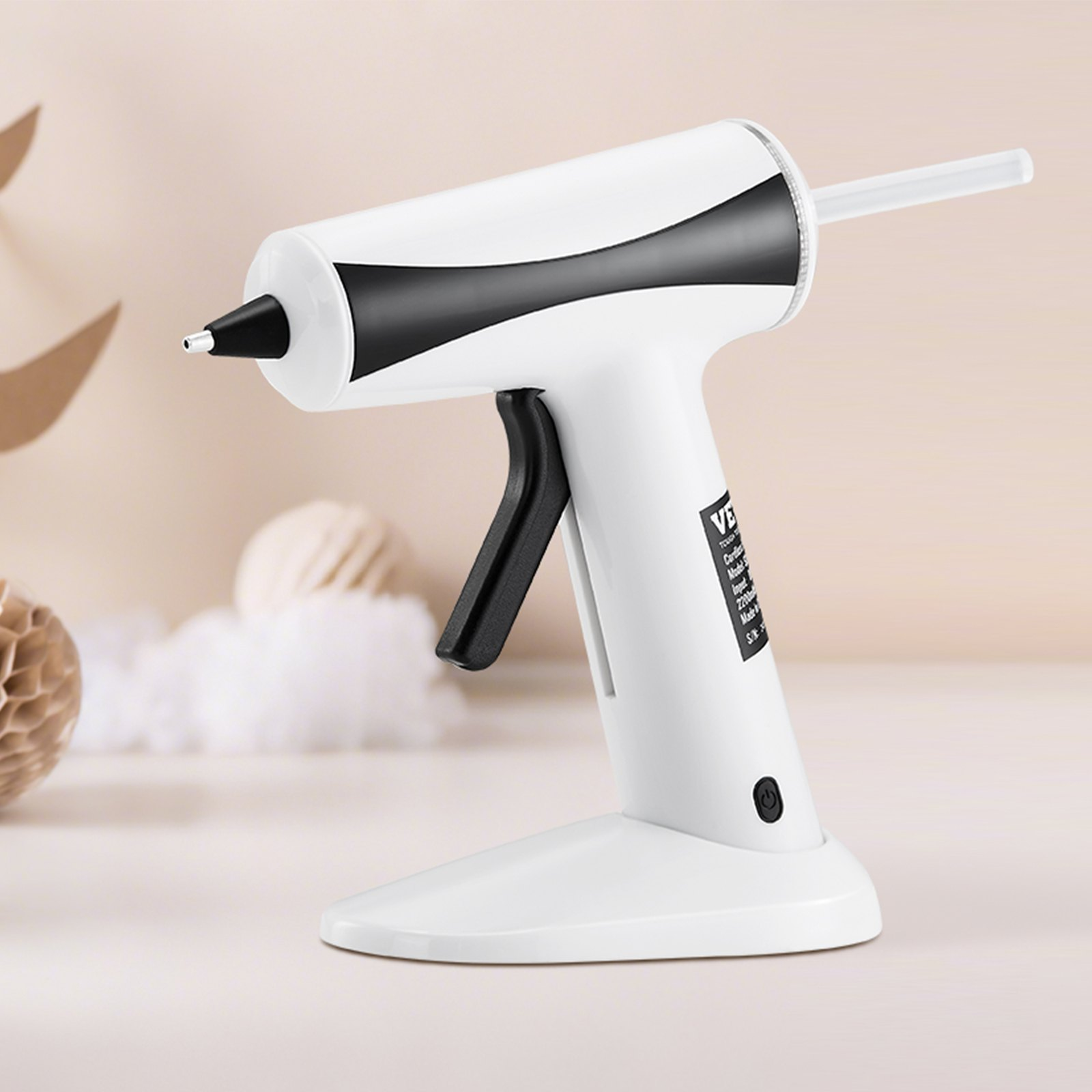 Start2Finish VEVOR cordless hot glue gun with battery, glue sticks, and preheating feature for crafts, DIY, and home repairs.
