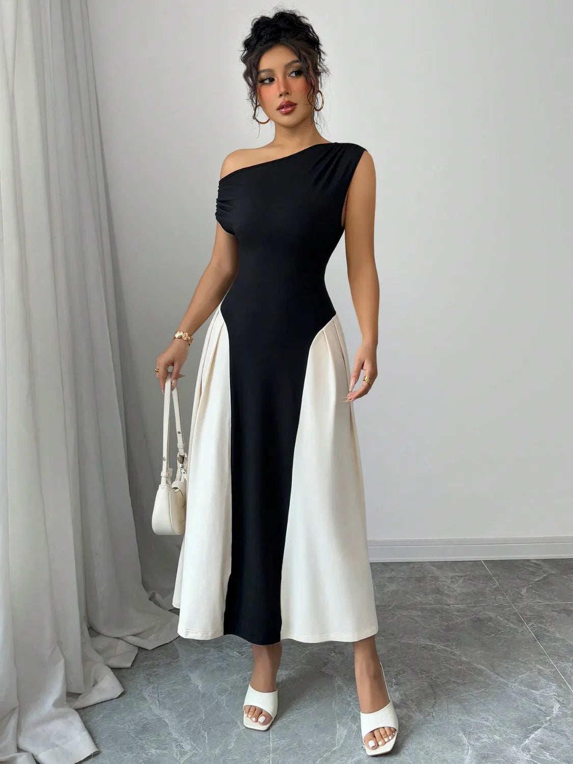 Ruby Styx contrast single shoulder midi dress for women, stylish and elegant with a unique shoulder design.