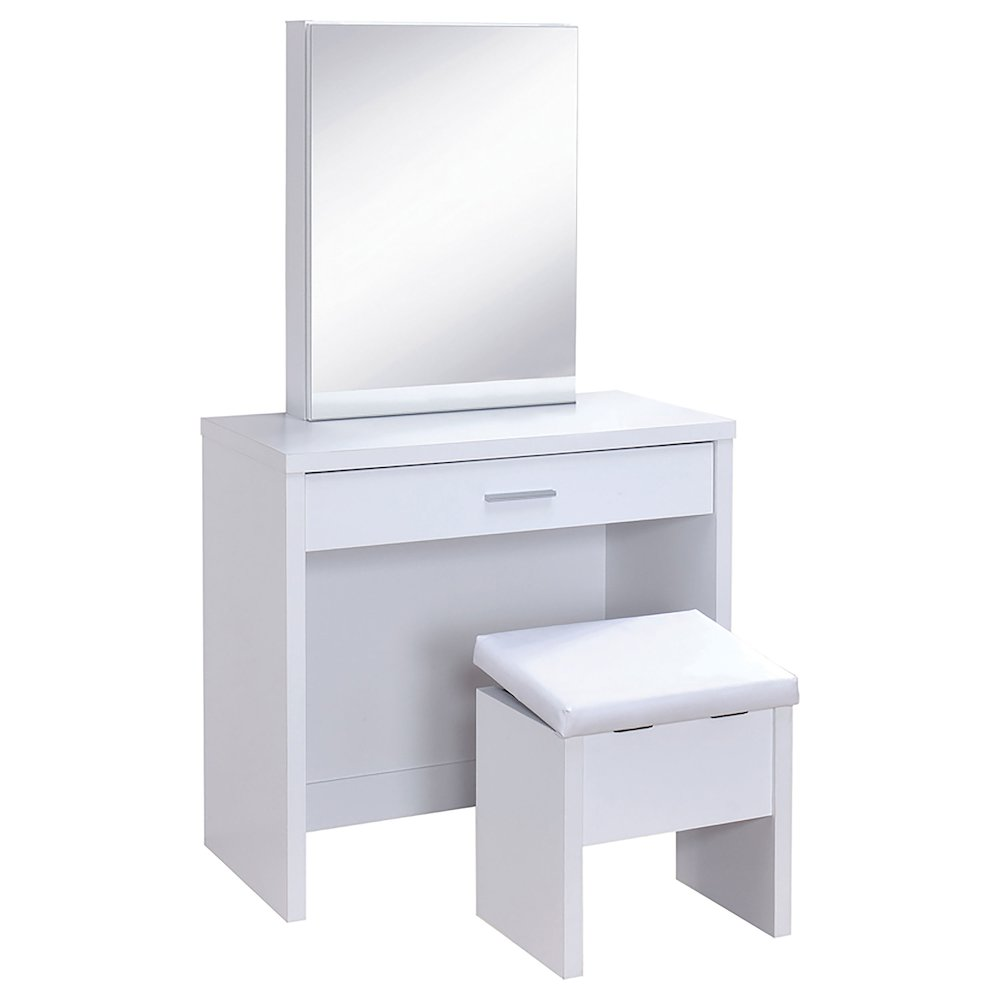 Start2Finish Harvey vanity set with white finish and lift-top stool, featuring a spacious tabletop and storage drawers.