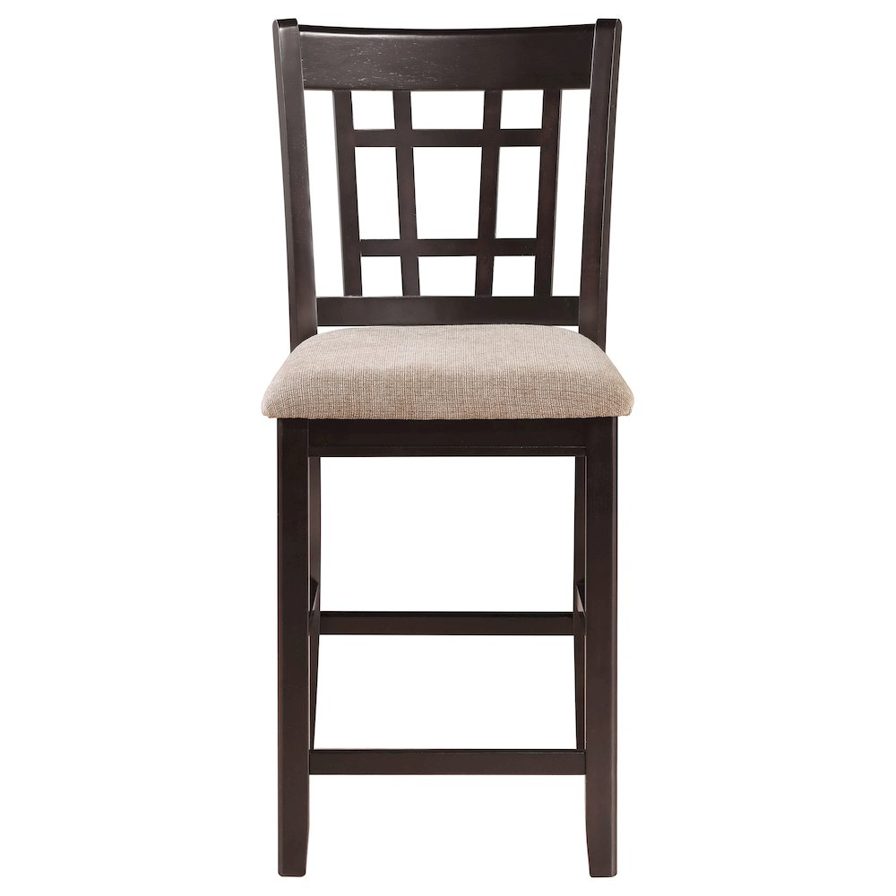 Set of two Lavon Wood Counter Chairs by Start2Finish in tan and espresso with wooden legs and contoured seats.