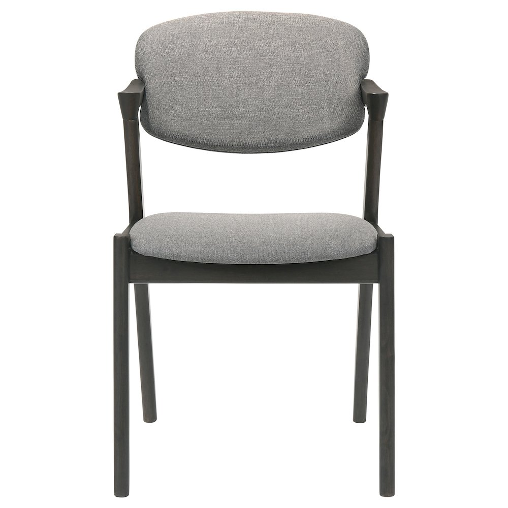 Set of two black Stevie padded wood dining arm chairs with cushioned seats and armrests, stylish and modern for dining rooms.