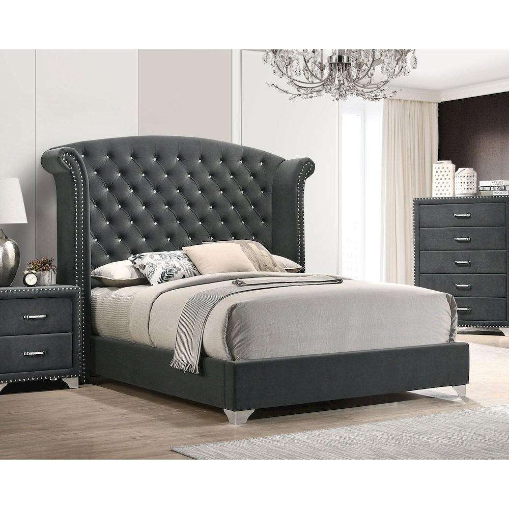 Grey Melody Upholstered Queen Wingback Bed by Start2Finish with padded headboard and elegant winged sides.