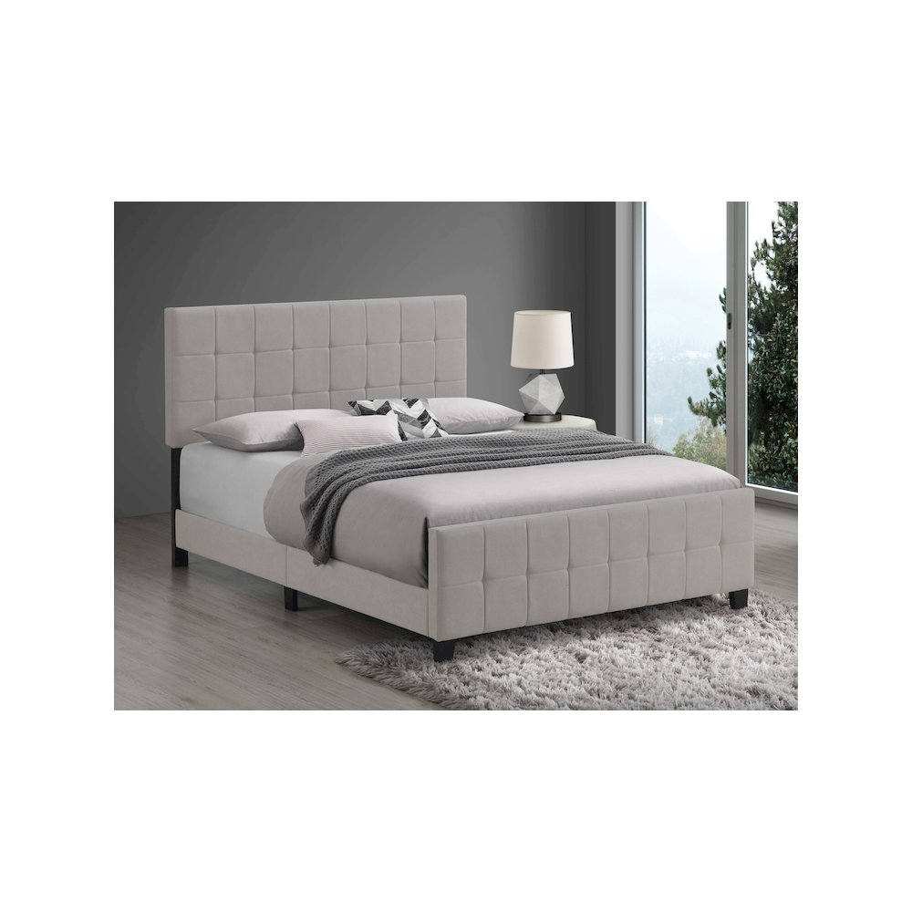 Beige upholstered Fairfield Queen Panel Bed by Start2Finish showcasing a stylish, padded headboard and sleek wooden frame.