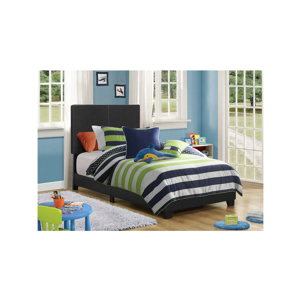 Black Dorian Upholstered Twin Panel Bed by Start2Finish with padded headboard and sleek modern design.