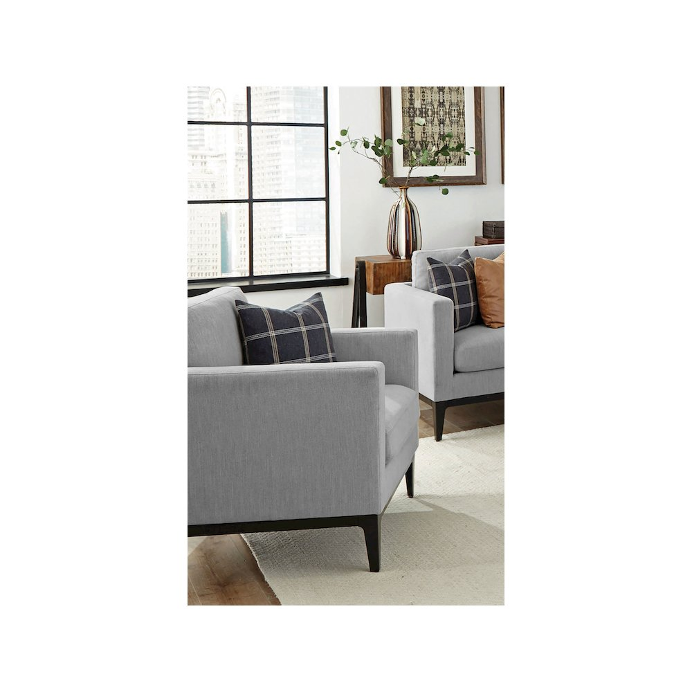Light grey upholstered Apperson accent chair with track arms from Start2Finish, showcasing its modern furniture design.