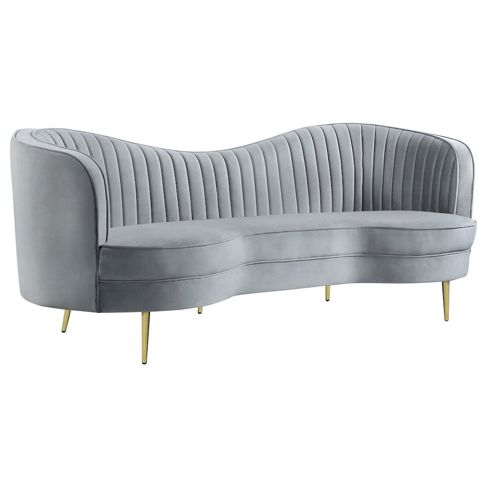 Gray Sophia upholstered channel tufted sofa by Start2Finish, showing plush fabric, deep tufting, and sleek armrest design.
