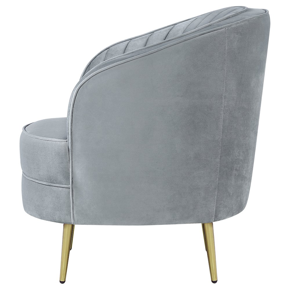 Start2Finish Sophia grey upholstered channel tufted barrel accent chair with plush padded seat and curved armrests.
