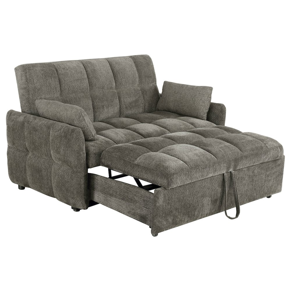 Dark grey Cotswold Upholstered Convertible Sleeper Sofa Bed by Start2Finish, showing its plush fabric and versatile design for living room use.